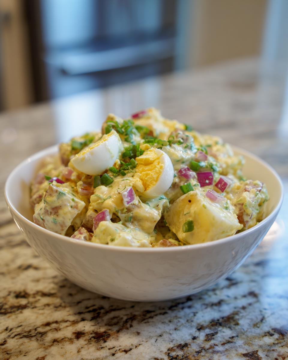 Bowl of creamy potato salad with chopped red onions, green herbs, and hard-boiled eggs