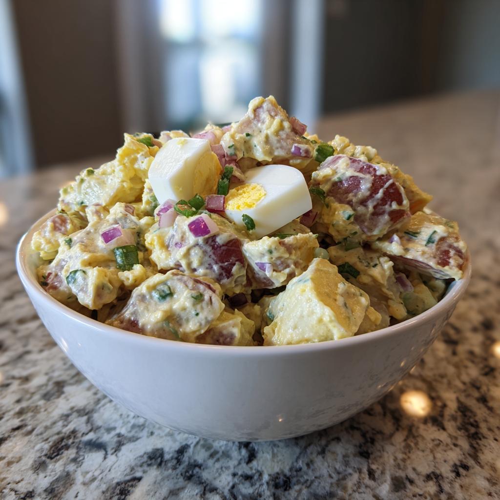 Bowl of creamy potato salad with chopped eggs, red onions, and herbs, perfect potluck side dish ideas