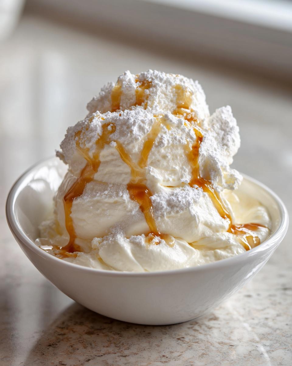 Bowl of creamy sweet dip topped with powdered sugar and honey drizzle