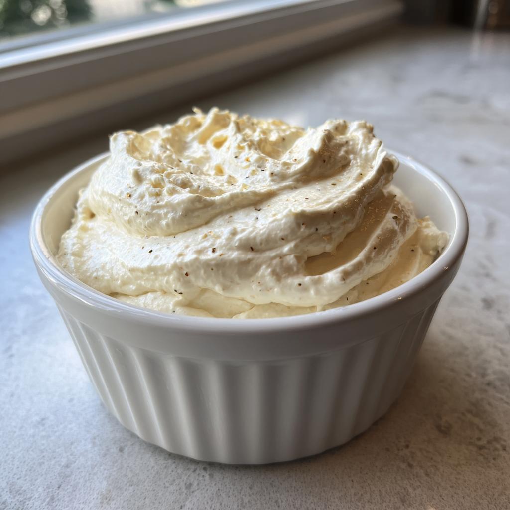 Close-up of creamy white dip with pepper flakes in a white ramekin on marble surface.