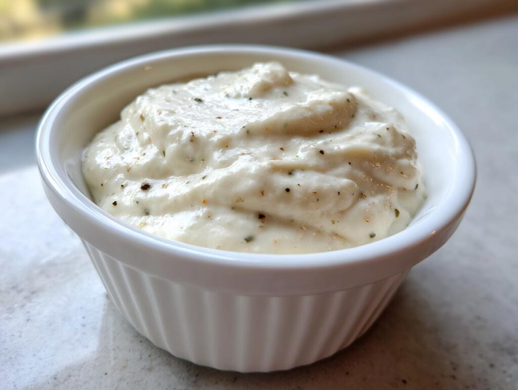 Close-up of creamy white dip with herbs in a white ramekin bowl on countertop.