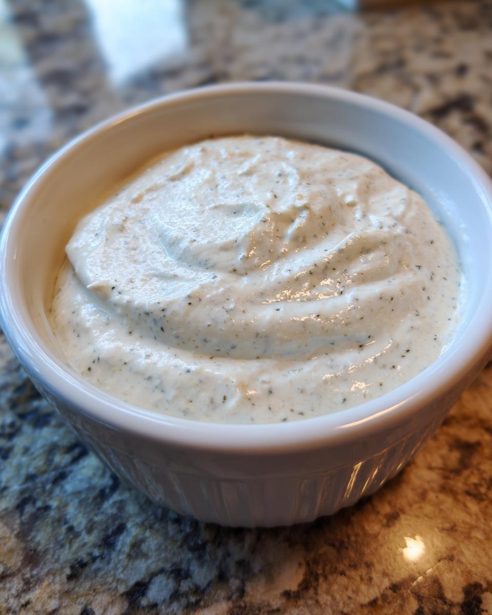 Close-up of a creamy white dip with herbs in a white bowl on granite countertop, perfect for easy dip recipes.