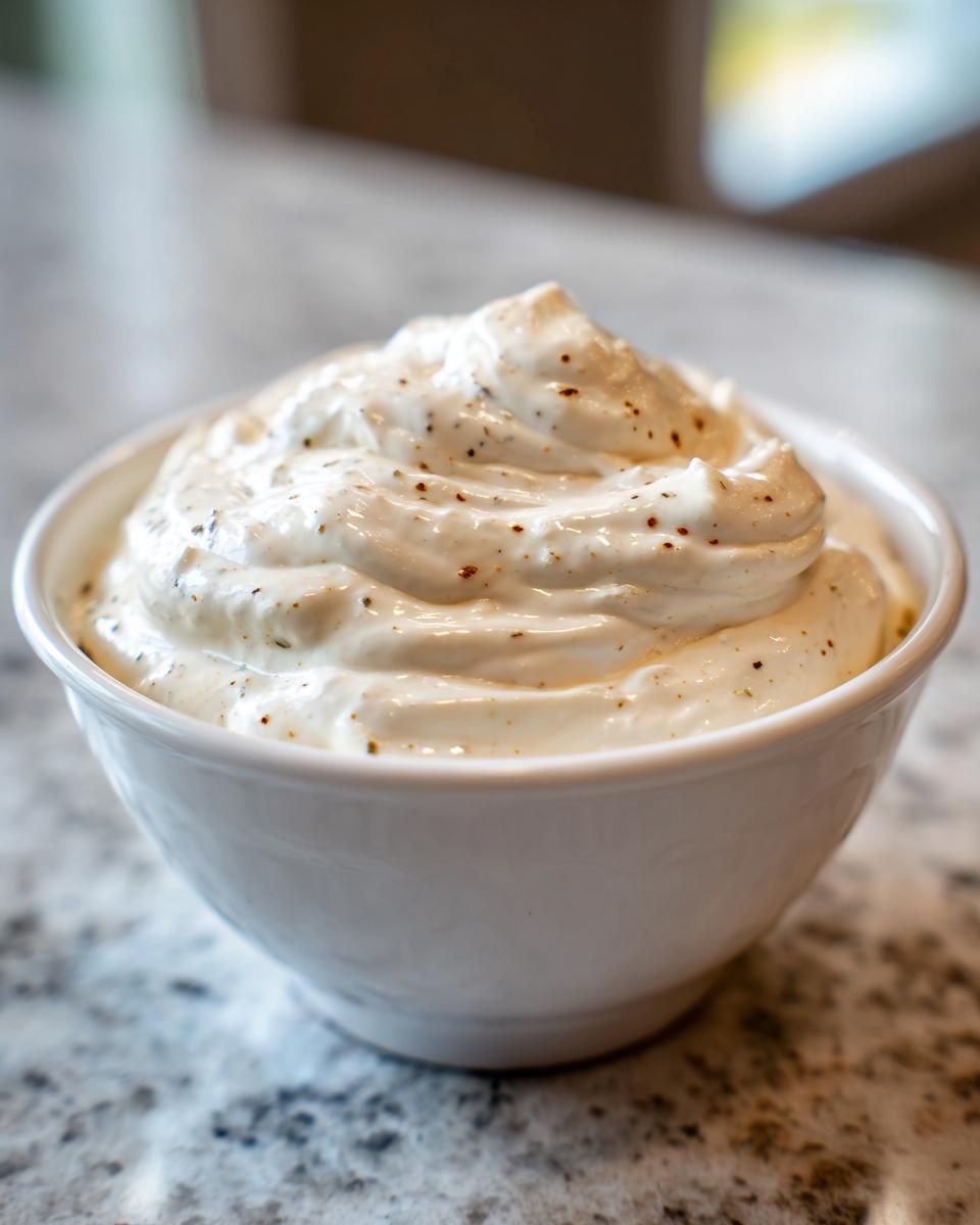 Close-up of a creamy white dip with pepper flakes in a white bowl on a marble surface.
