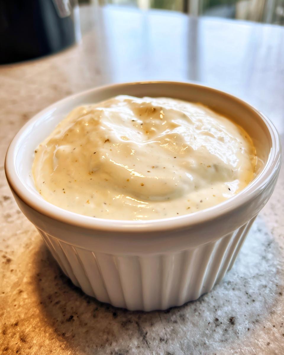 Close-up of creamy white dip in a small white bowl on a countertop, perfect for easy dip recipes.