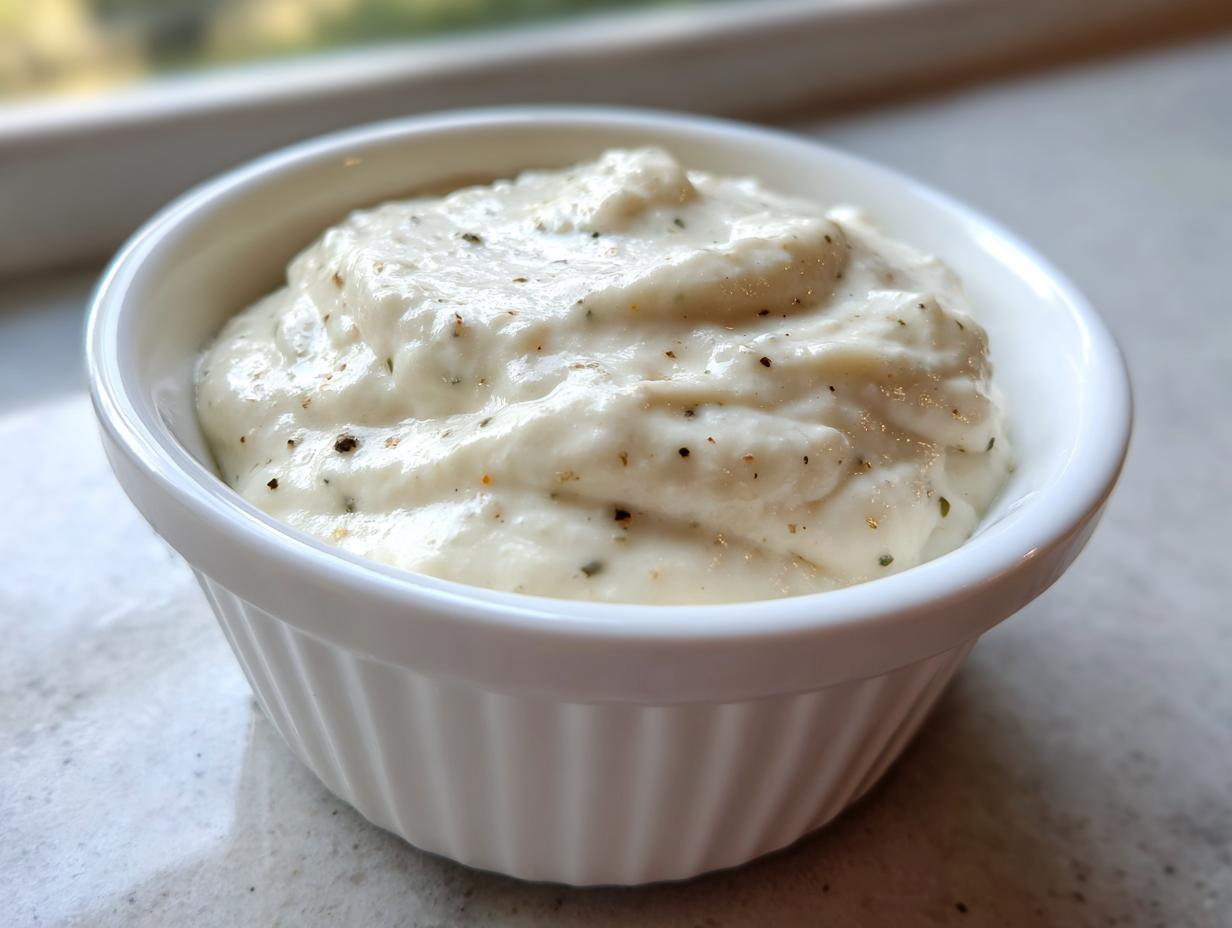 Close-up of creamy white dip with herbs in a white ramekin bowl on countertop.