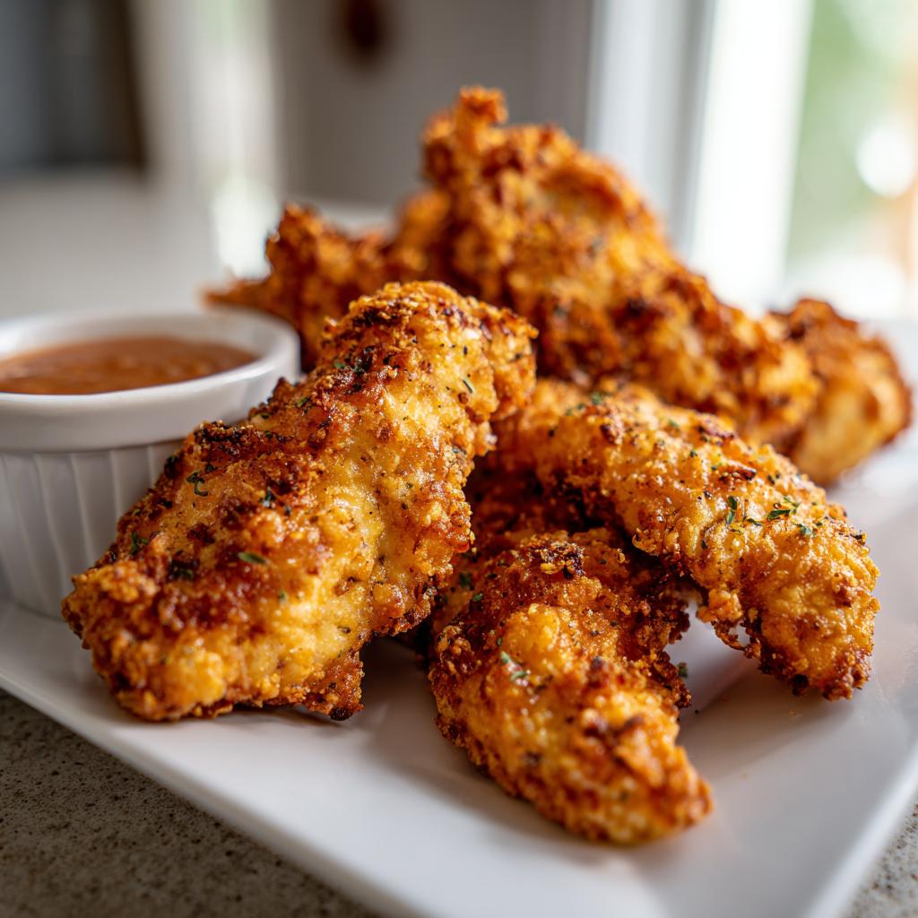 Golden crispy air fryer chicken tenders served with a side of dipping sauce on a white plate.