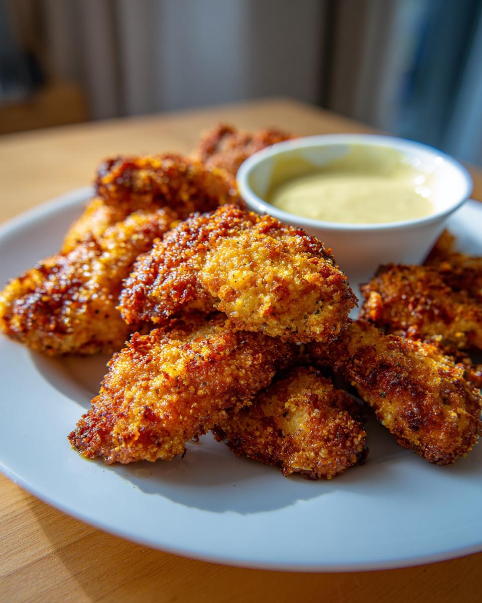 Golden crispy air fryer chicken tenders on a white plate with a bowl of dipping sauce