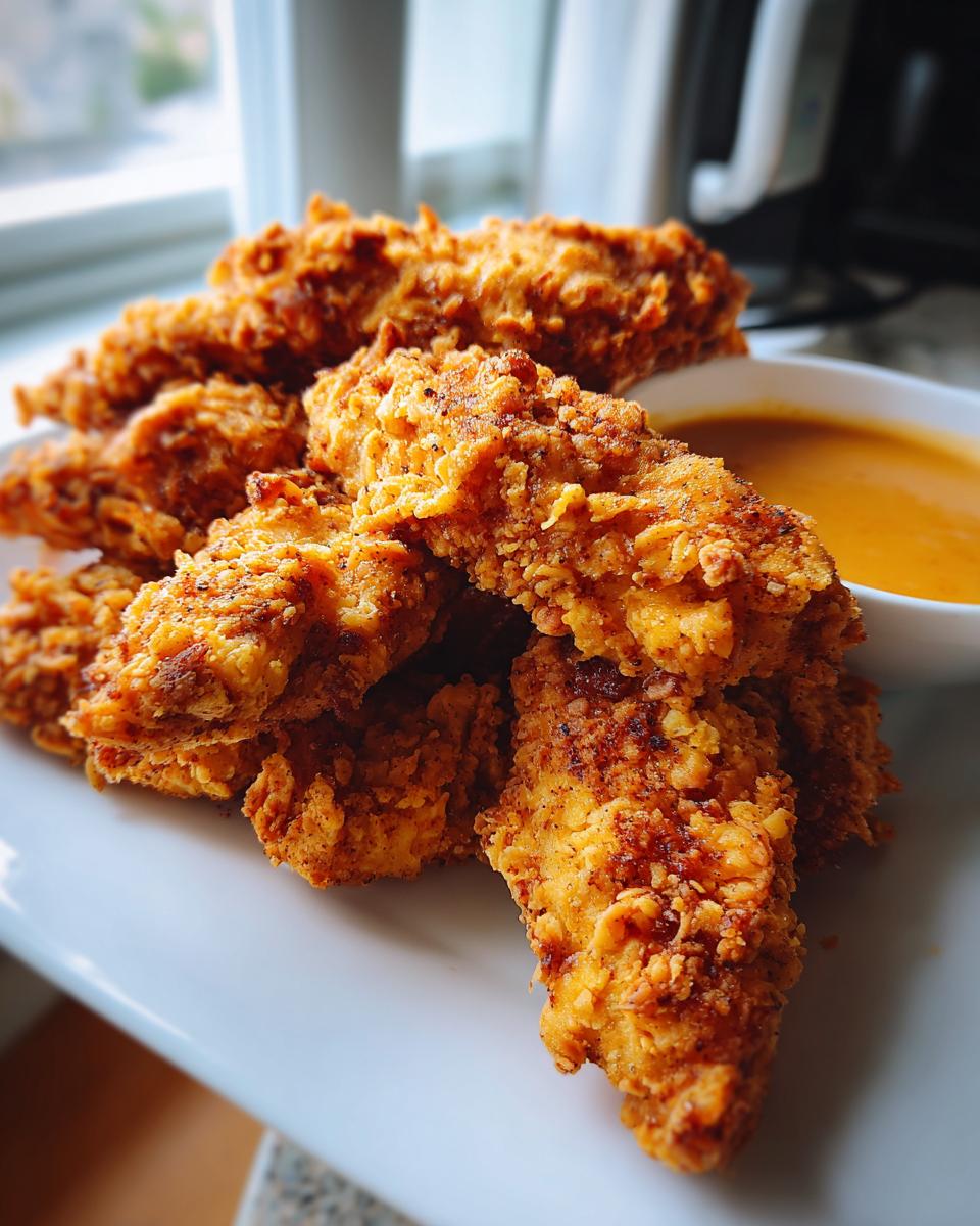 Golden crispy air fryer chicken tenders served with a bowl of dipping sauce on a white plate.