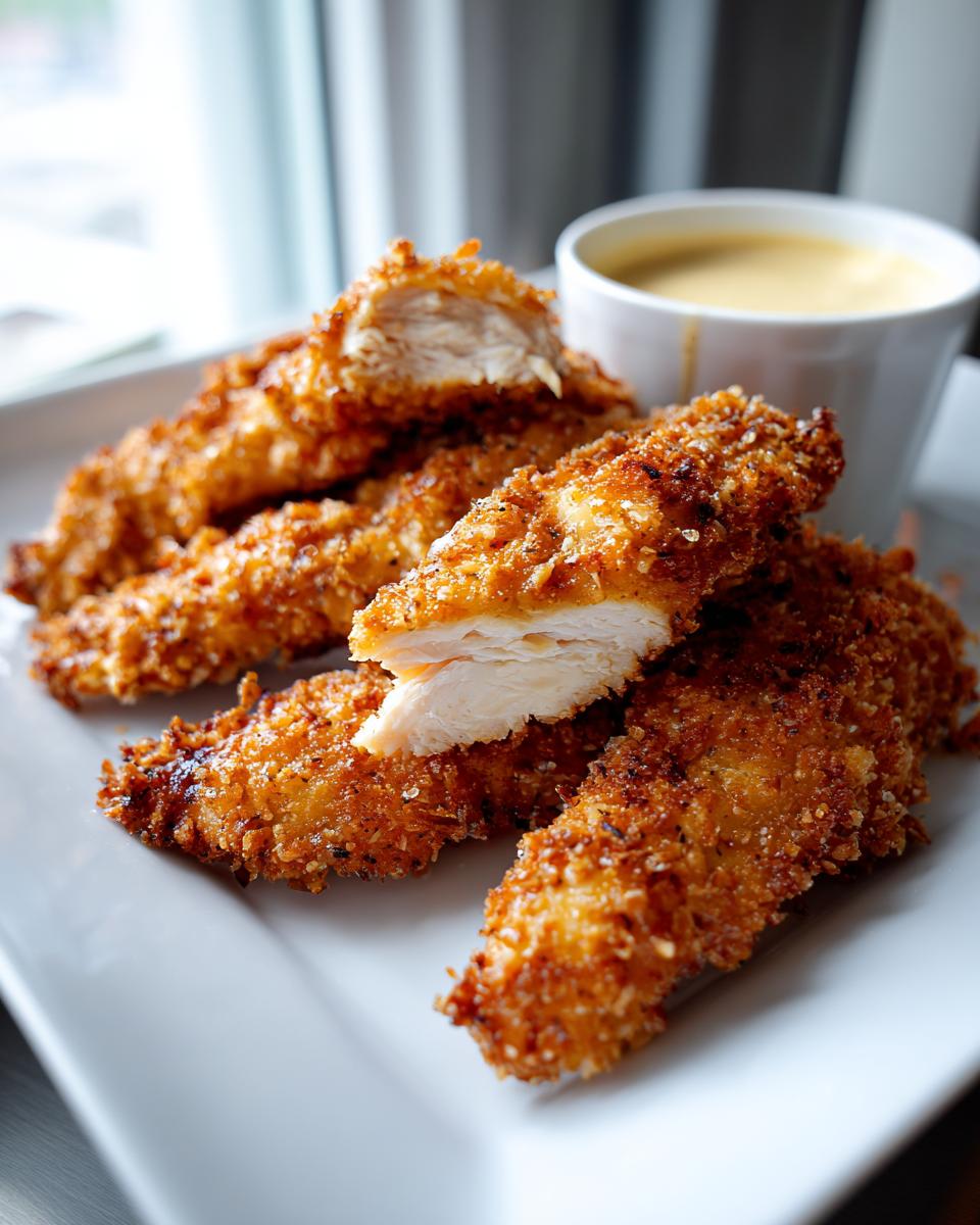 Golden crispy air fryer chicken tenders on a white plate with a cup of dipping sauce