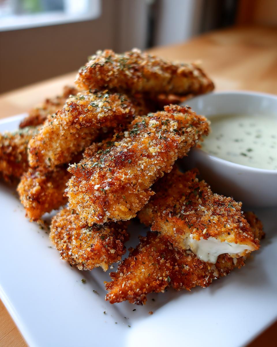 Golden crispy air fryer chicken tenders on a white plate with a bowl of creamy dipping sauce.