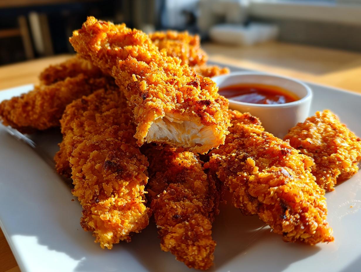 Golden crispy air fryer chicken tenders served with a side of dipping sauce on a white plate