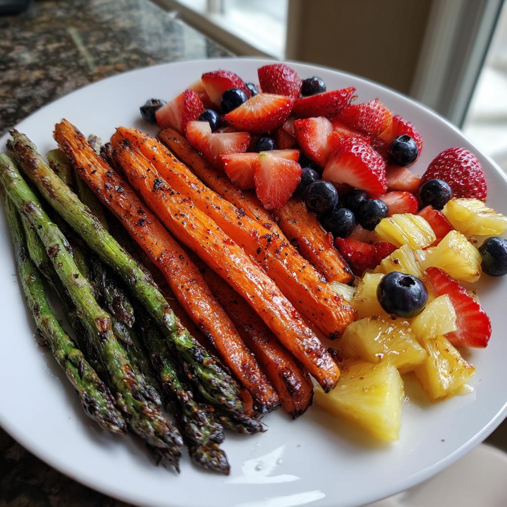Plate of grilled asparagus and carrots served with fresh strawberries, blueberries, and pineapple, perfect Easter brunch side dishes.