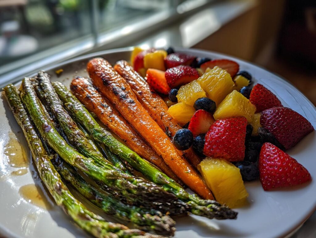 Plate with grilled asparagus, roasted carrots, and fresh fruit salad for Easter brunch side dishes