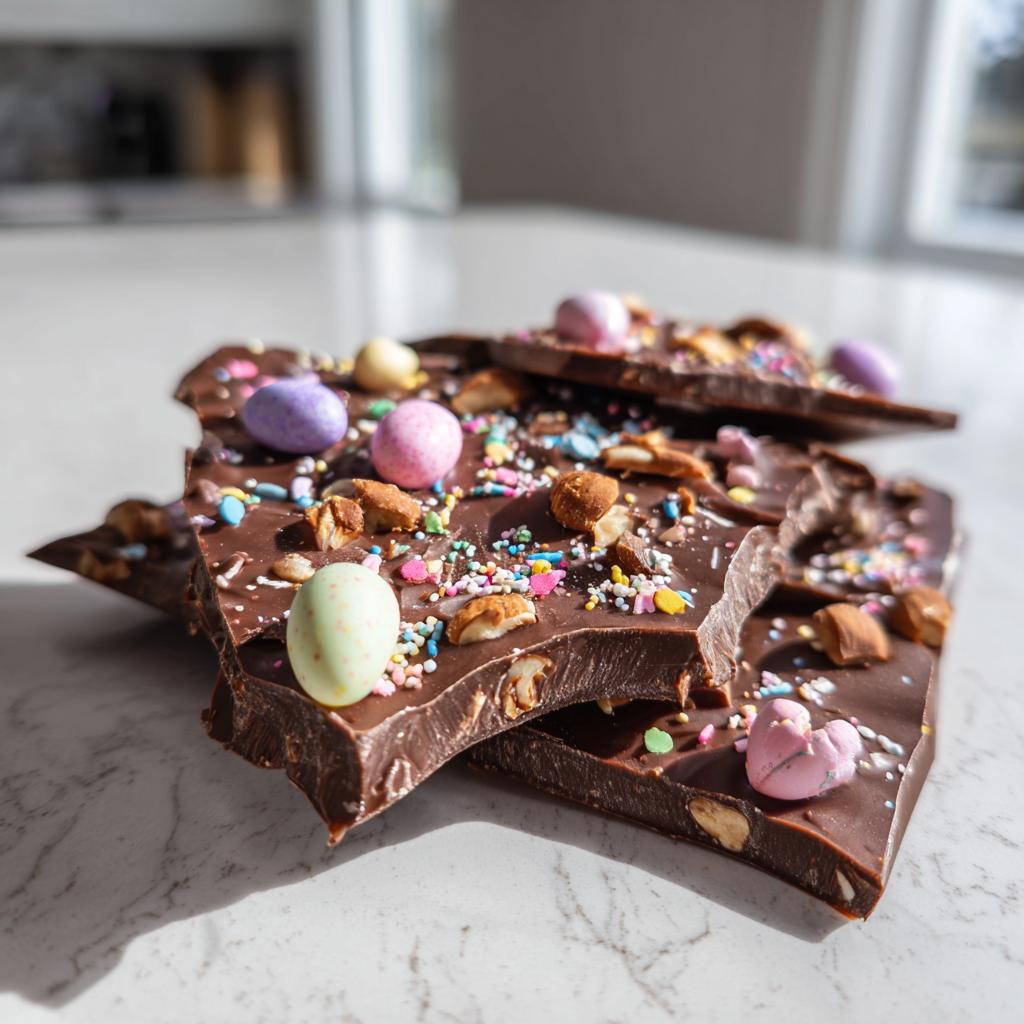 Close-up of Easter chocolate bark ideas with colorful candy eggs and sprinkles on chocolate pieces.
