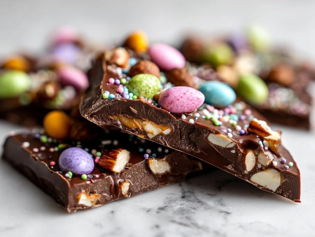 Close-up of Easter chocolate bark ideas with colorful candy eggs, nuts, and sprinkles on chocolate pieces.