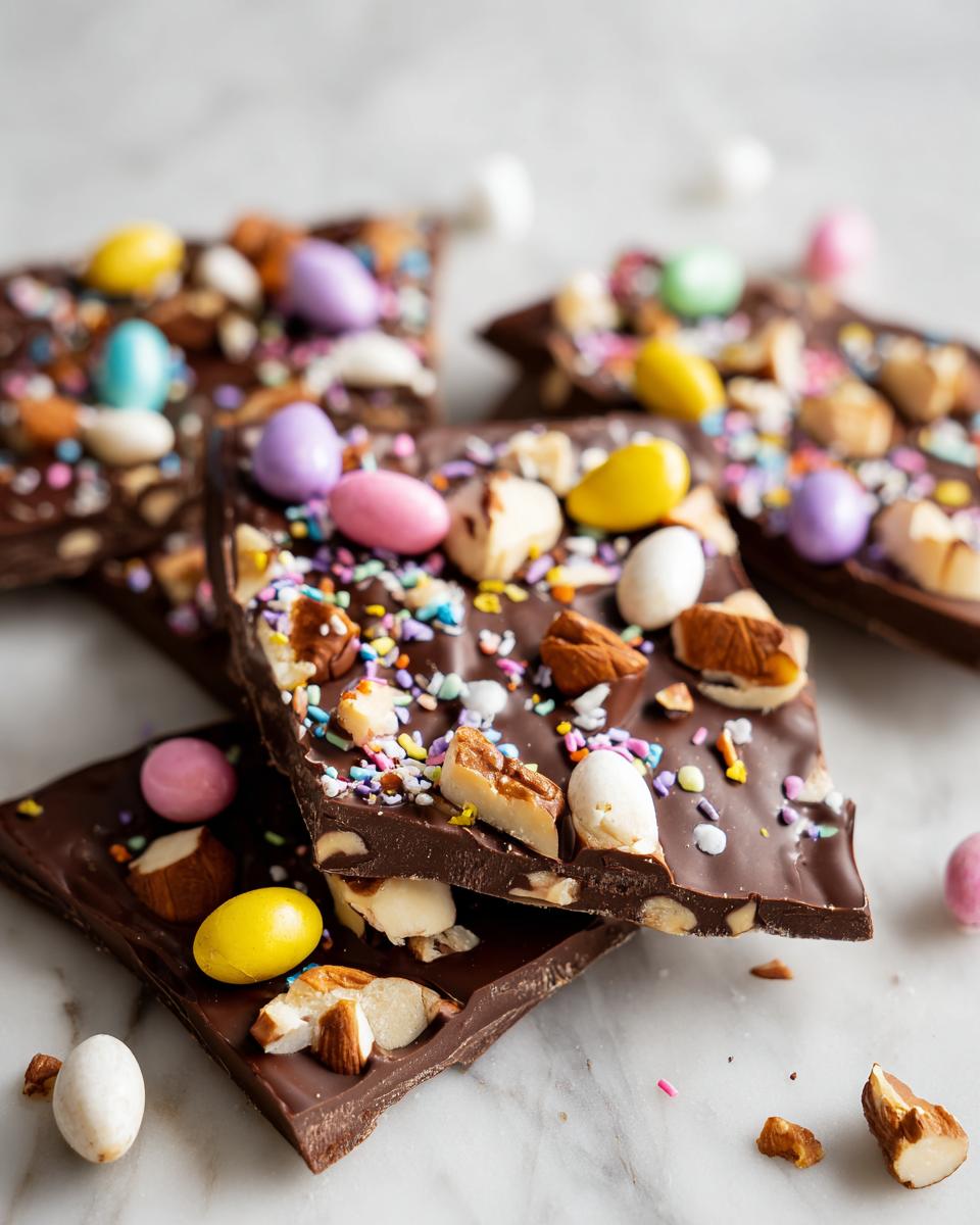 Close-up of Easter chocolate bark ideas with colorful candy eggs, nuts, and sprinkles on dark chocolate.