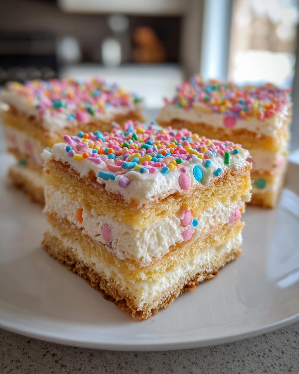 Close-up of Easter dessert bars topped with white frosting and colorful sprinkles on a white plate.