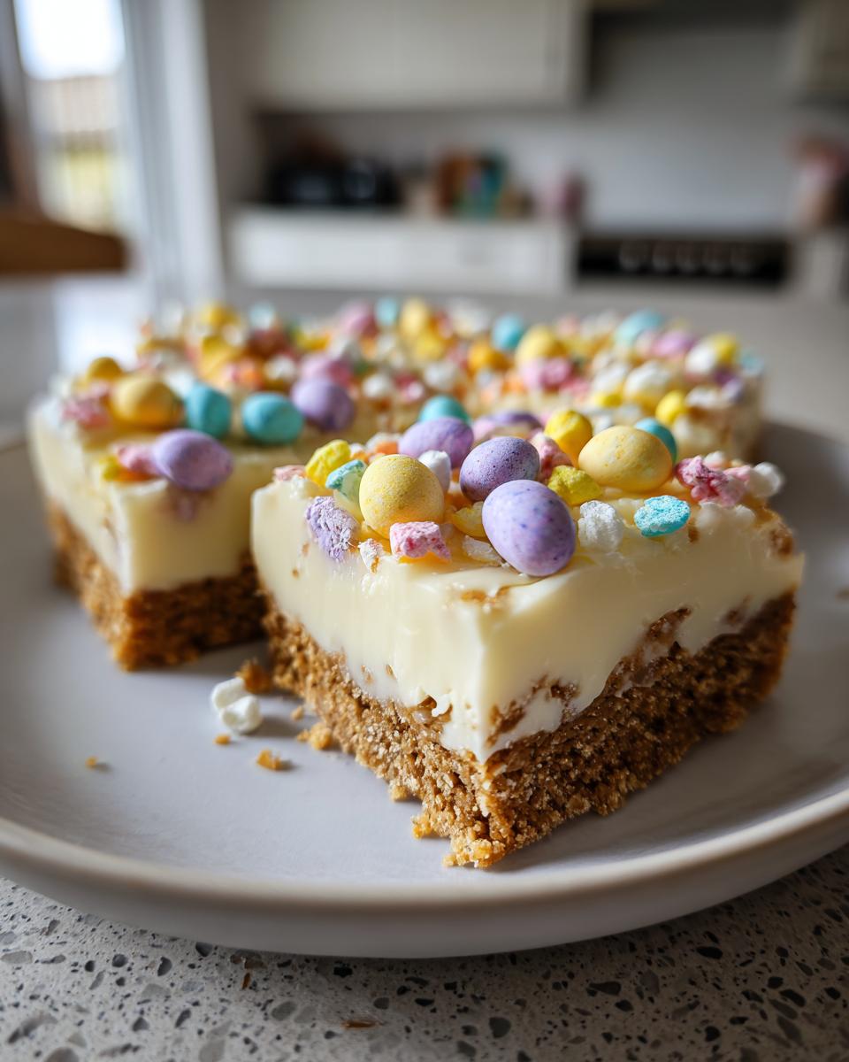 Close-up of Easter mini egg desserts with colorful mini eggs on creamy layered bars.