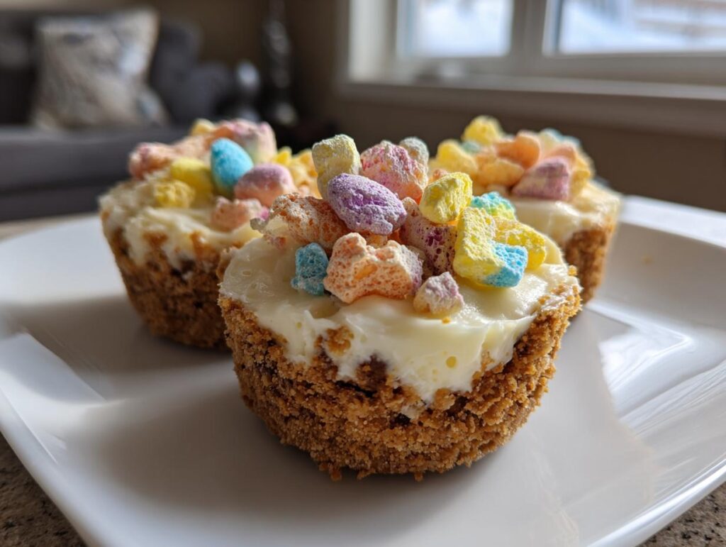 Close-up of Easter mini egg desserts with creamy filling and colorful candy toppings on a white plate.