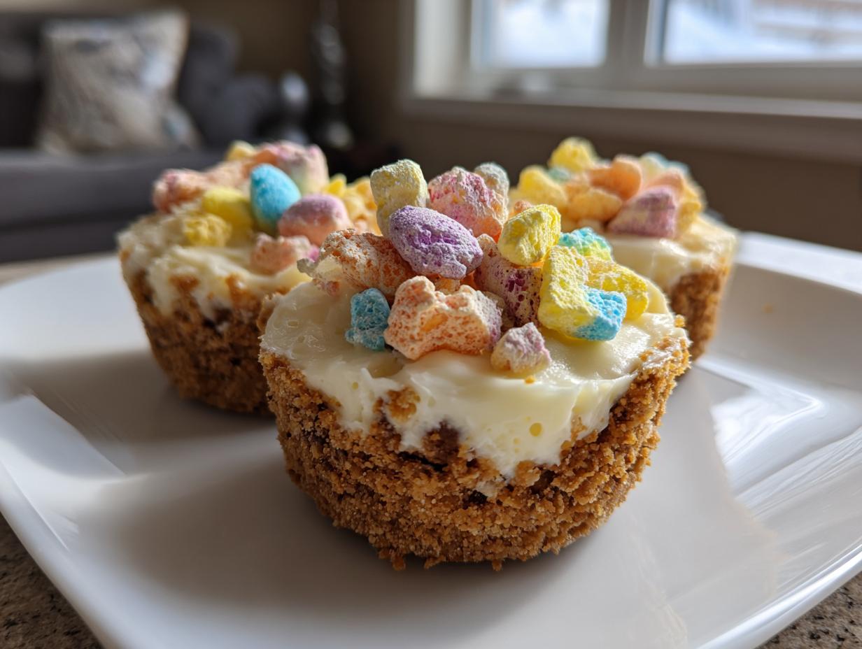 Close-up of Easter mini egg desserts with creamy filling and colorful candy toppings on a white plate.
