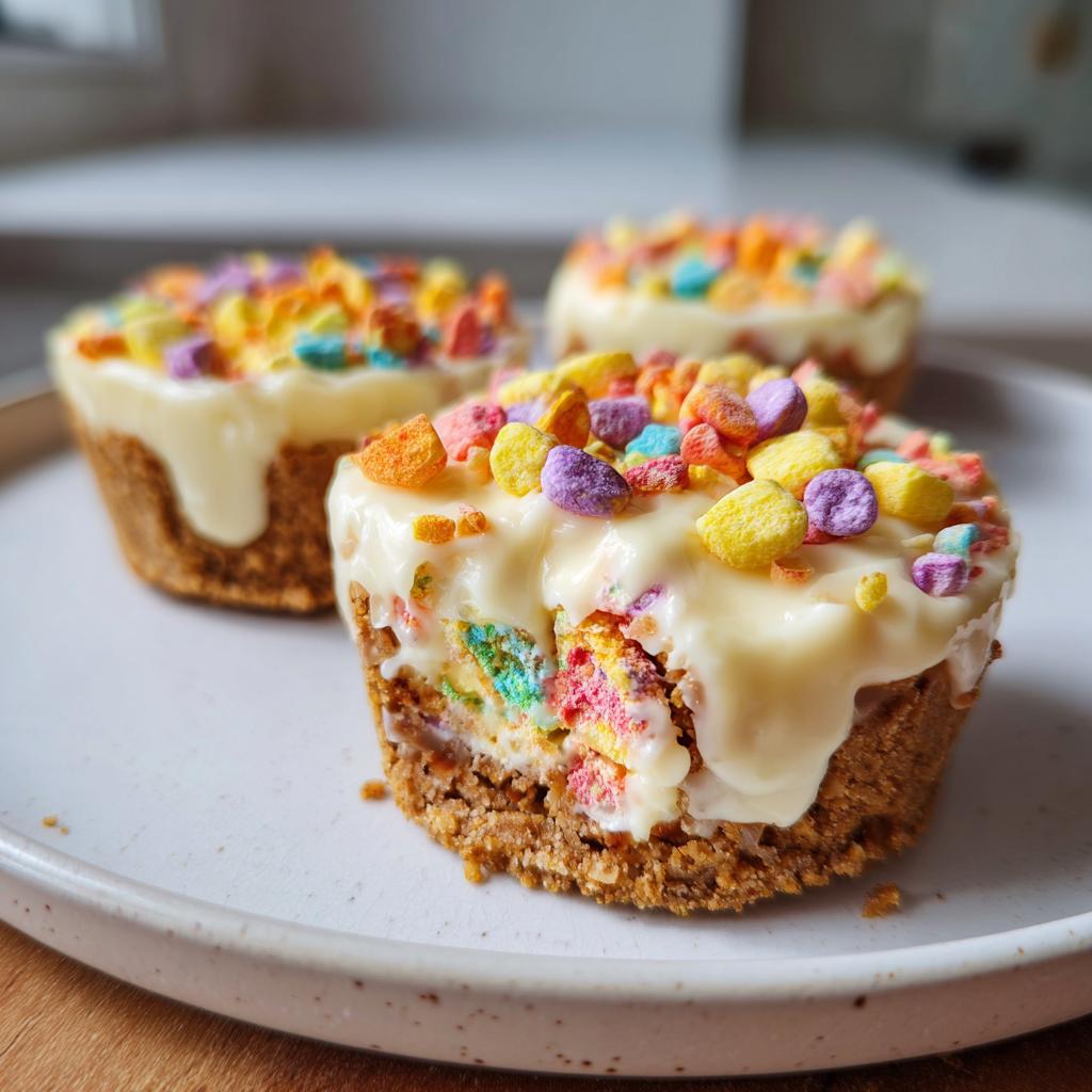Three Easter mini egg desserts with creamy white topping and colorful candy pieces on a plate