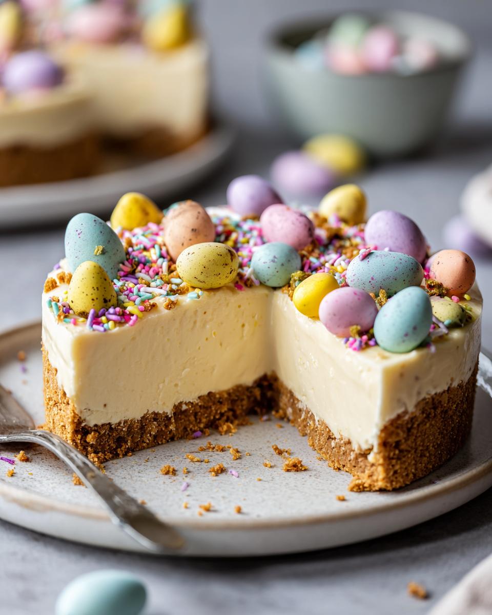 Slice of Easter no bake cheesecake topped with colorful candy eggs and sprinkles on a plate.