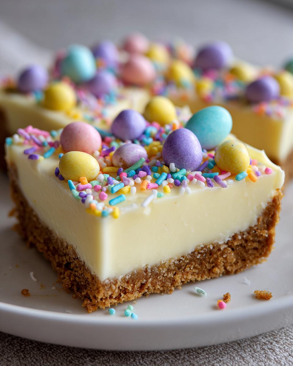 Close-up of Easter no bake desserts with creamy filling, graham crust, colorful candy eggs, and sprinkles.
