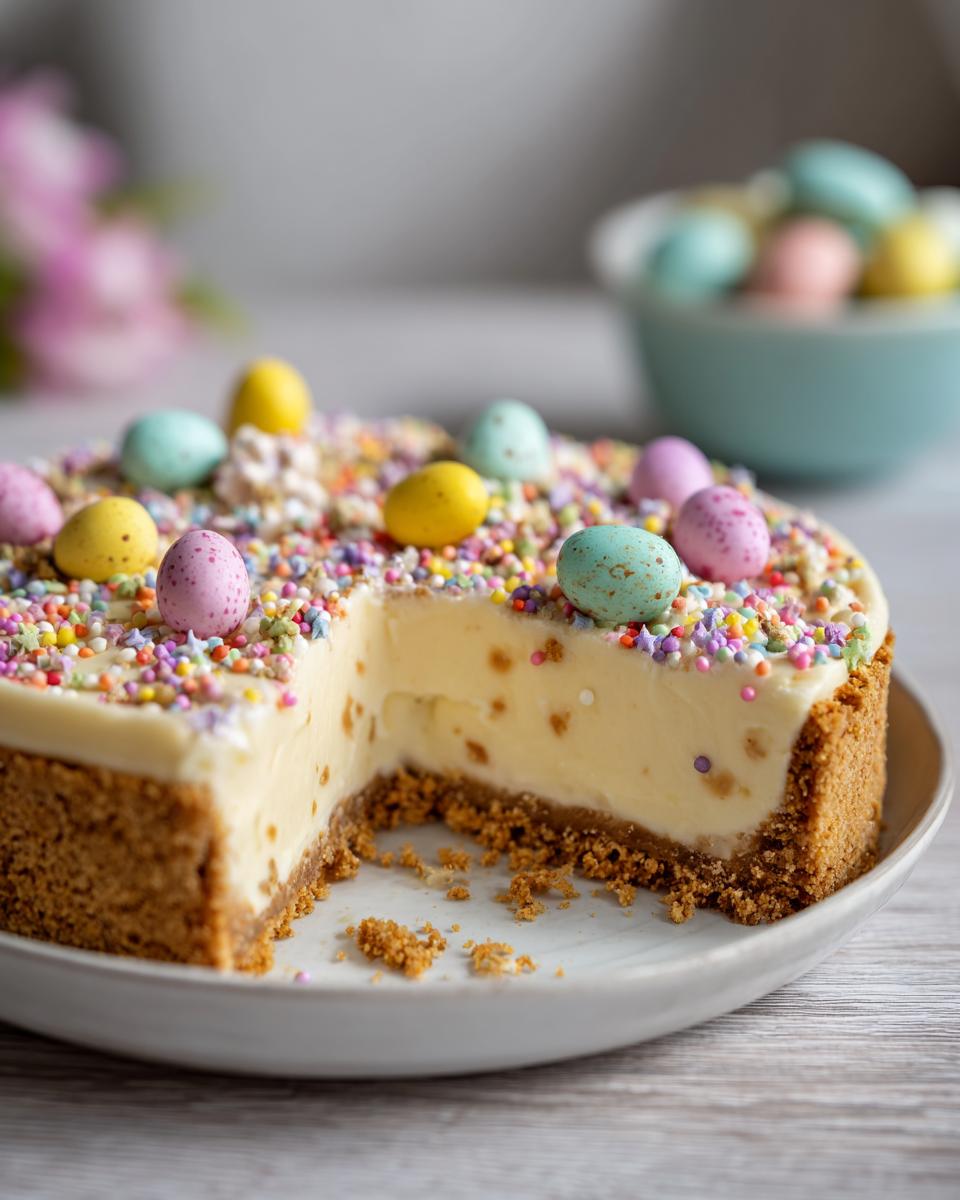 No bake Easter dessert cheesecake topped with colorful candy eggs and sprinkles on a plate