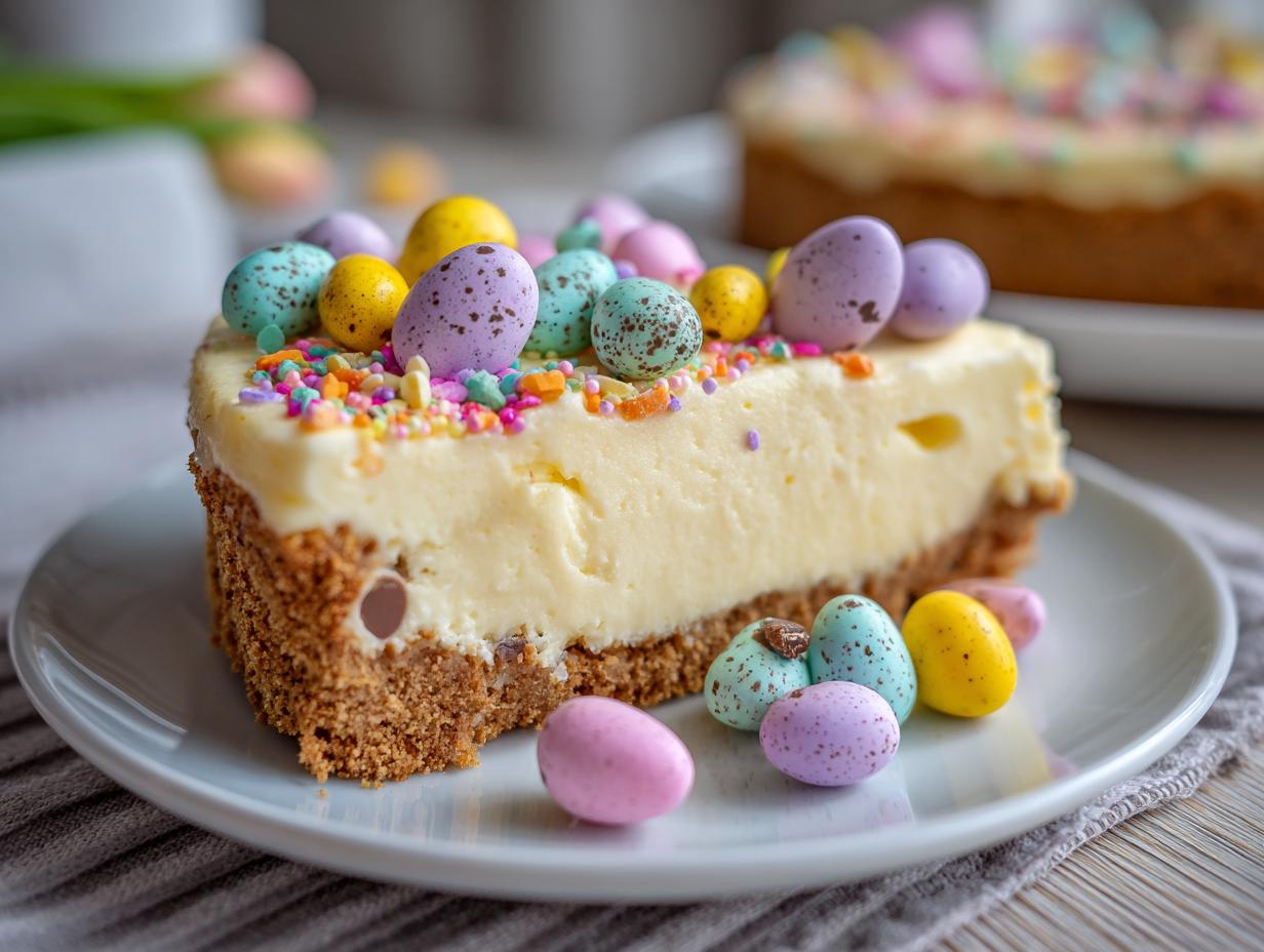 Slice of Easter no bake dessert cheesecake topped with colorful candy eggs and sprinkles