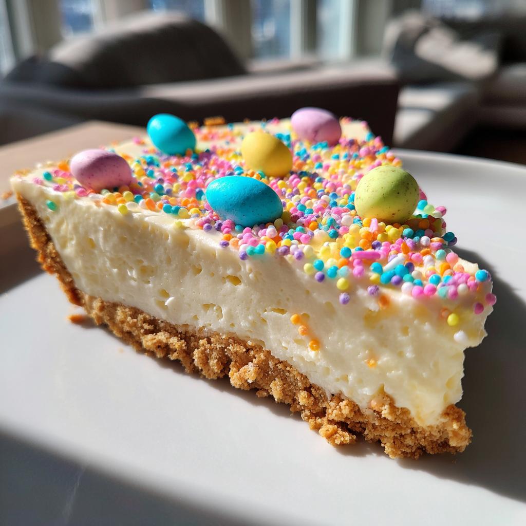 Slice of Easter no bake dessert with creamy filling, graham crust, colorful sprinkles, and candy eggs on top.