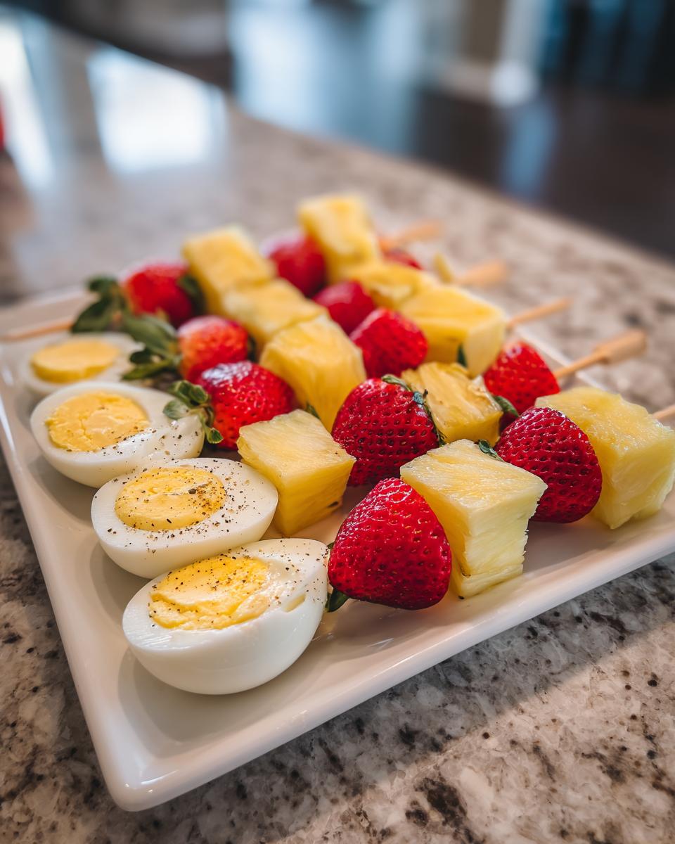 Plate with skewers of pineapple and strawberries alongside halved hard-boiled eggs seasoned with pepper