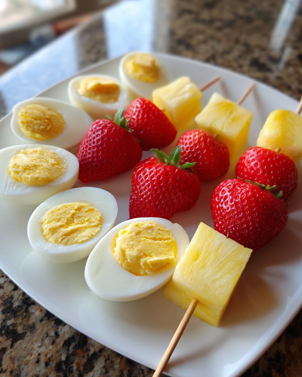 Plate with halved boiled eggs, strawberries, and pineapple skewers for Easter party snack ideas