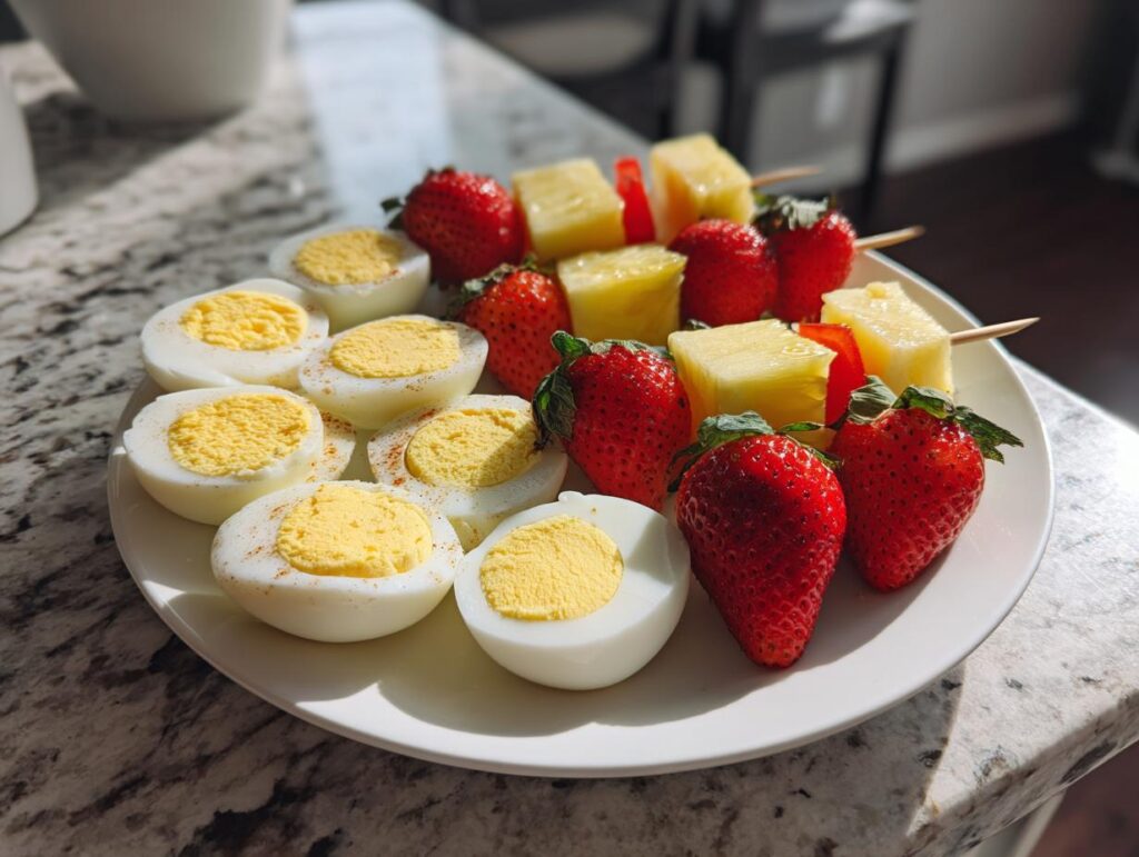 Plate with halved boiled eggs and fruit skewers of strawberries and pineapple for Easter party snack ideas