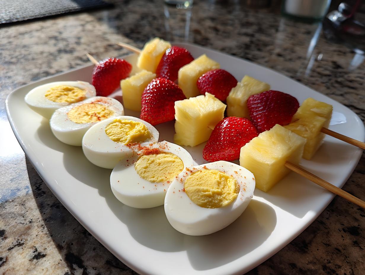 Plate with halved hard-boiled eggs sprinkled with paprika and fruit skewers of strawberries and pineapple.