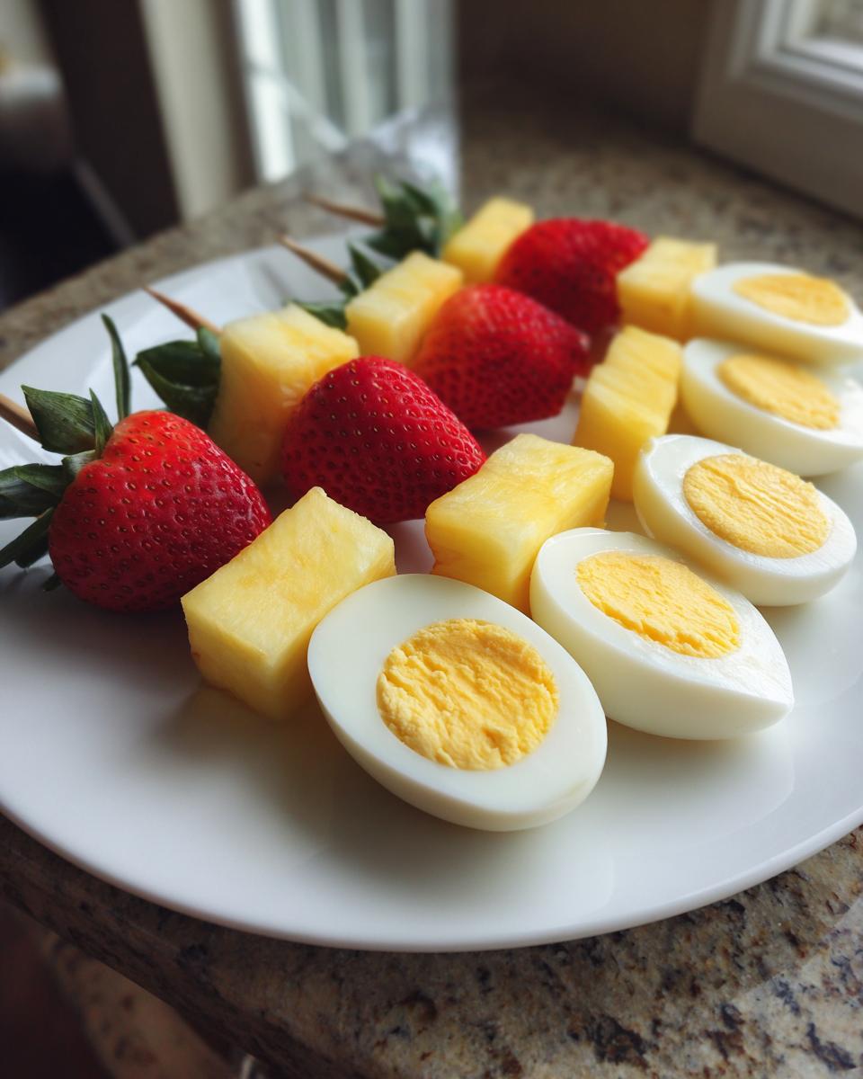Plate with skewers of strawberries, pineapple cubes, and halved boiled eggs for Easter party snack ideas