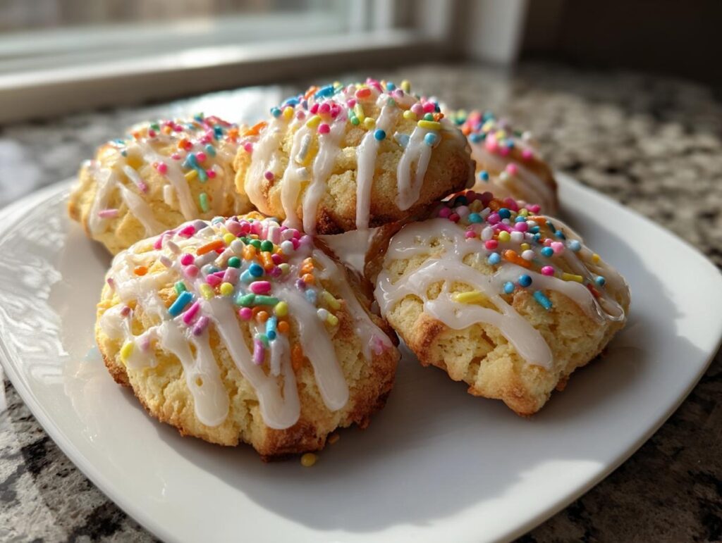 Easter sweet snack recipes featuring cookies with white icing and colorful sprinkles on a white plate.