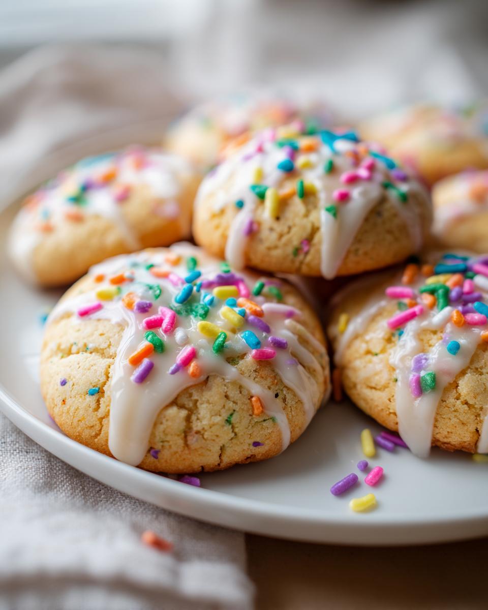 Close-up of Easter sweet snack recipes cookies with white icing and colorful sprinkles on a plate.