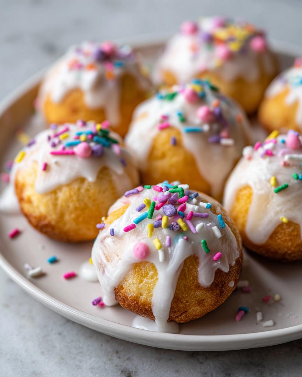 Mini cakes with white icing and colorful sprinkles on a plate, perfect Easter sweet snack recipes.
