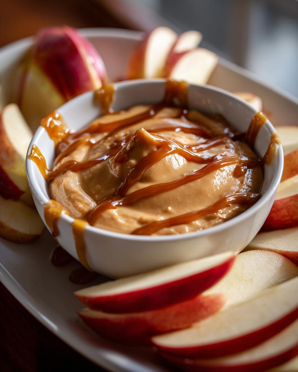 Bowl of easy caramel apple dip drizzled with caramel sauce surrounded by fresh apple slices.
