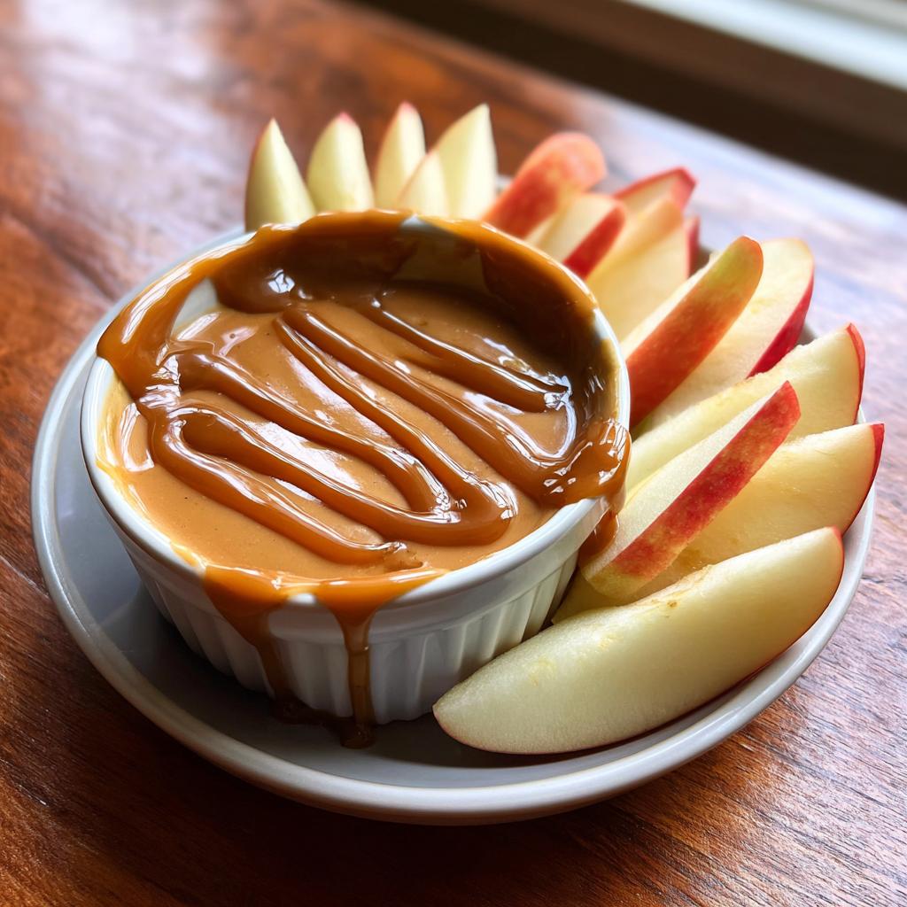 White ramekin filled with easy caramel apple dip surrounded by sliced red apples on a plate.