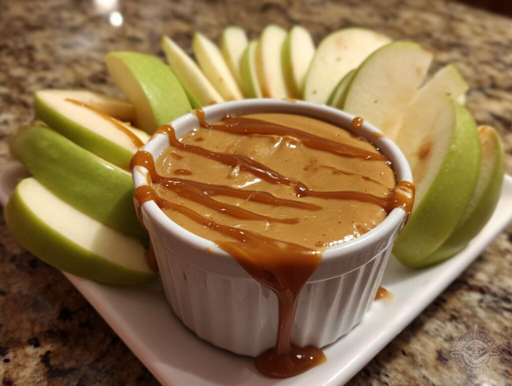 White ramekin filled with easy caramel apple dip drizzled with caramel sauce, surrounded by green apple slices.