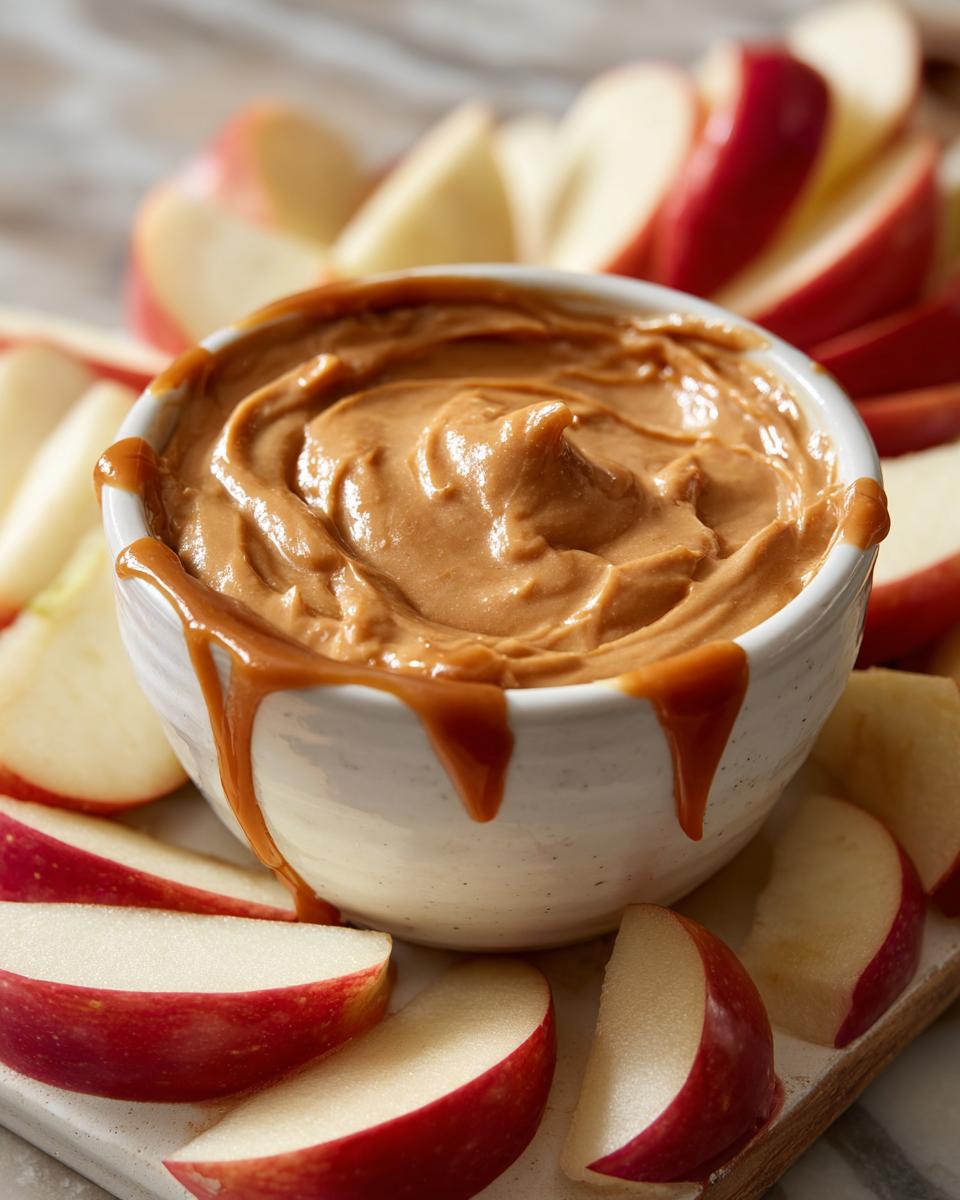 Bowl of easy caramel apple dip surrounded by fresh red apple slices on a board.