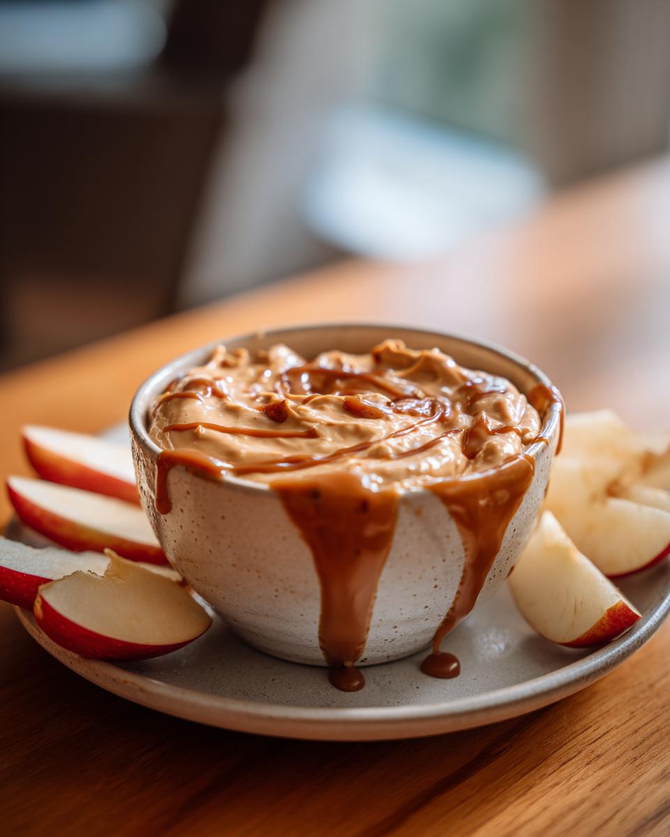 Bowl of easy caramel apple dip with caramel drizzle and fresh apple slices on a plate
