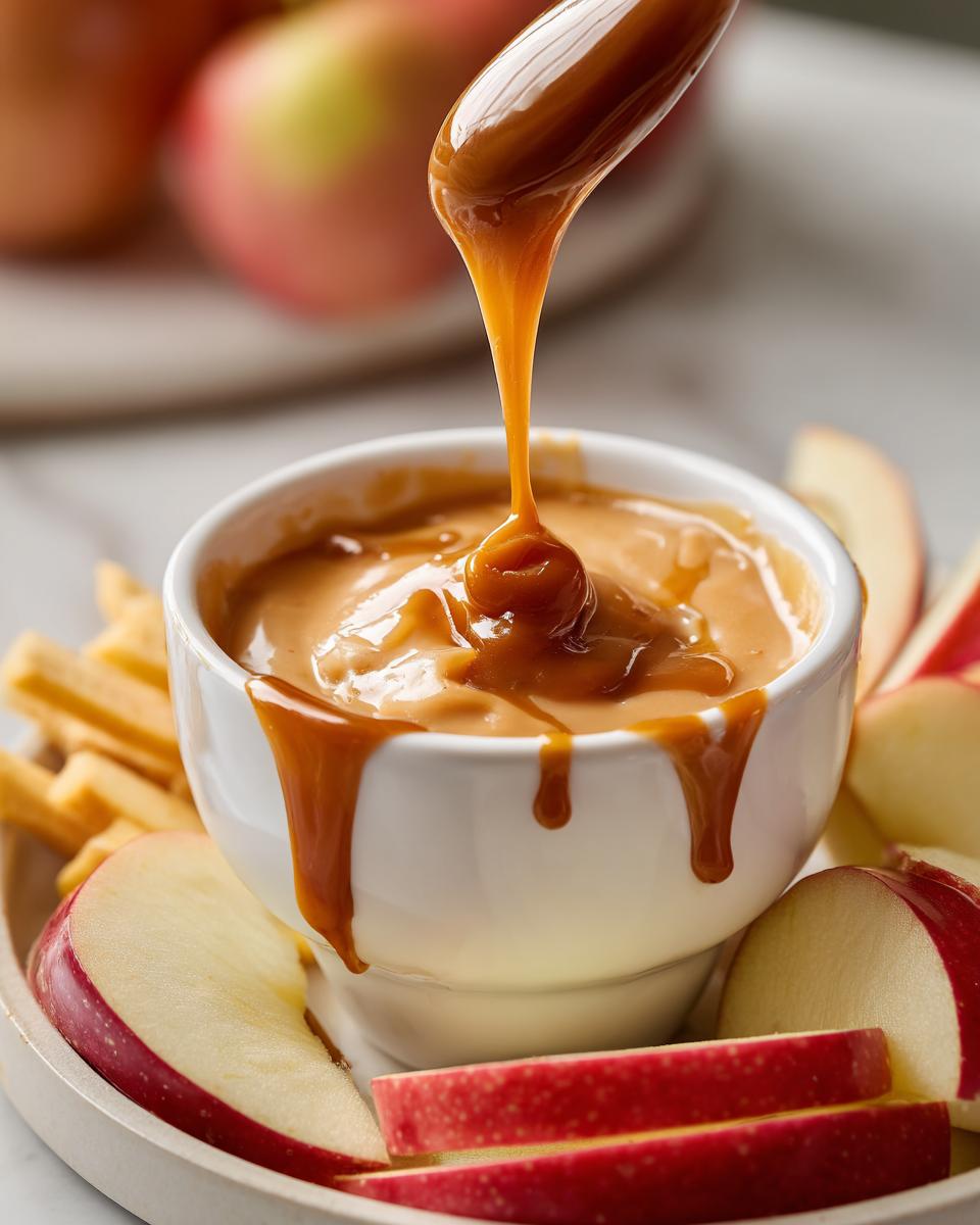 Close-up of easy caramel apple dip in a white bowl with caramel dripping and apple slices around