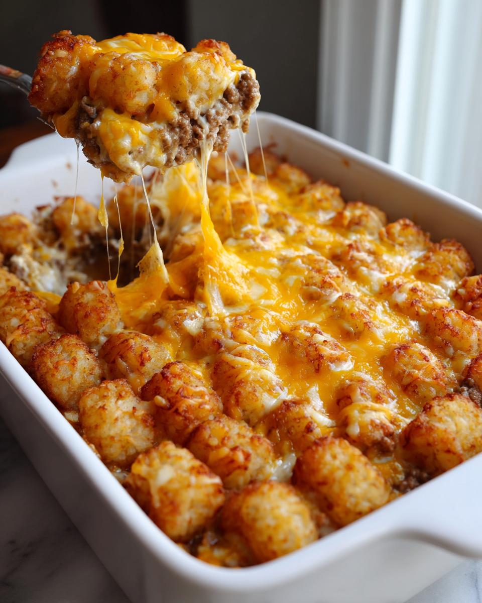 A slice of cheesy tater tot casserole being lifted from a white baking dish with melted cheese stretching.
