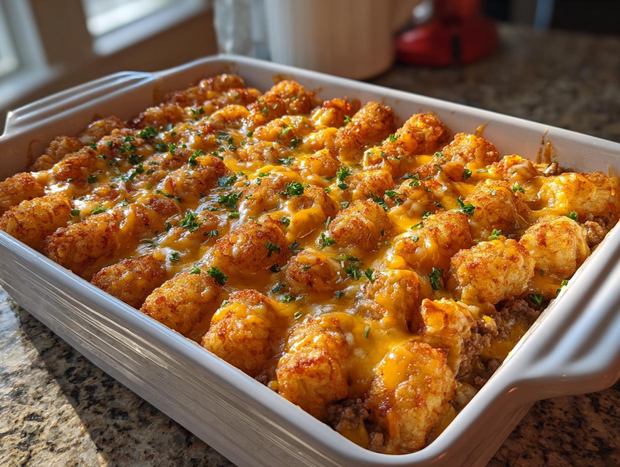Close-up of a cheesy tater tot casserole topped with melted cheddar and garnished with herbs.