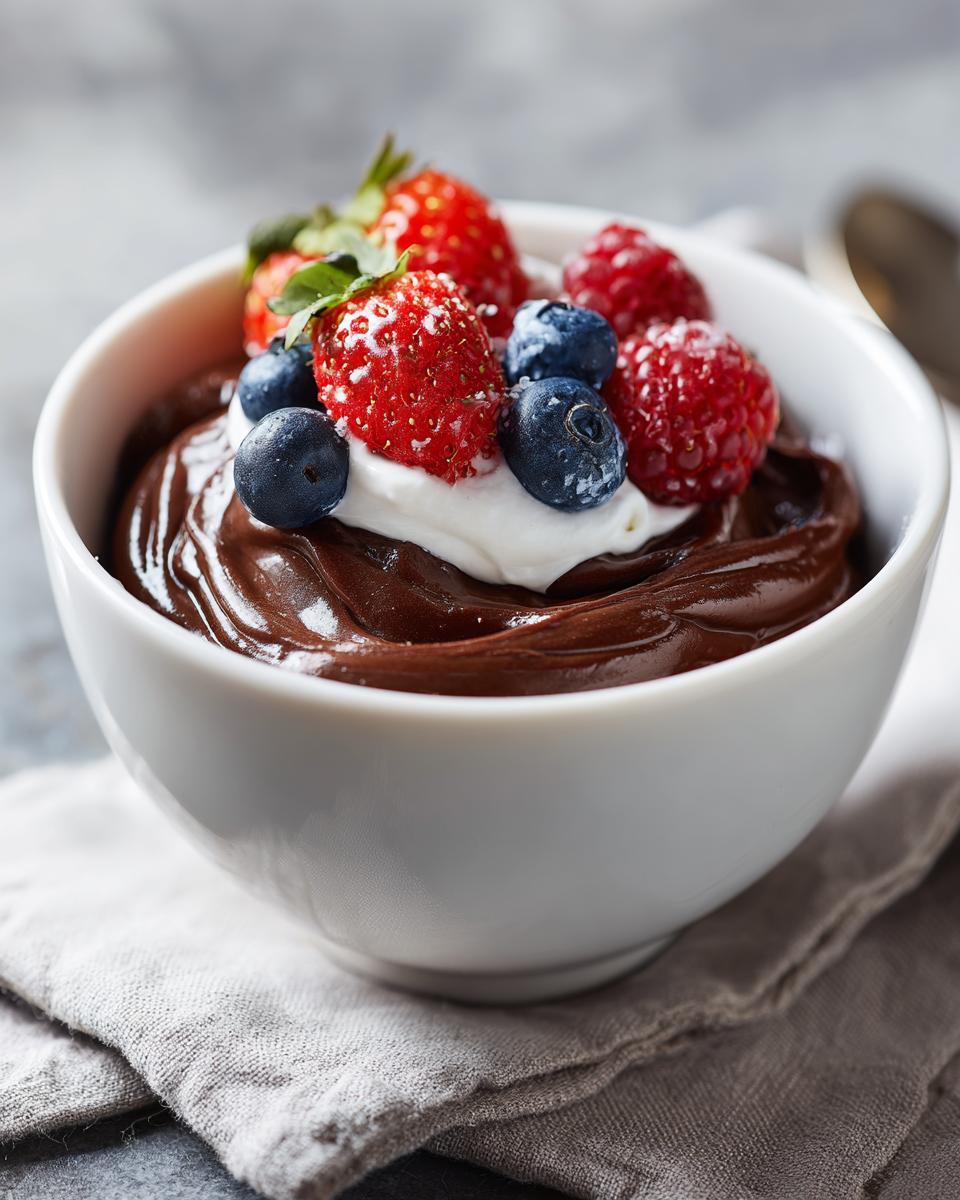 Cup of easy chocolate desserts topped with whipped cream, strawberries, blueberries, and raspberries.