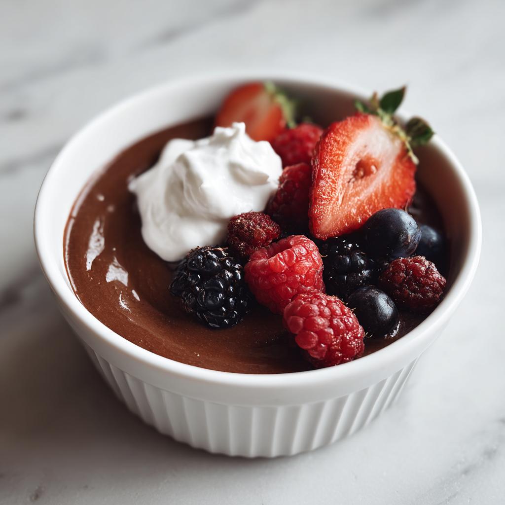 Chocolate dessert topped with fresh berries and whipped cream in a white ramekin