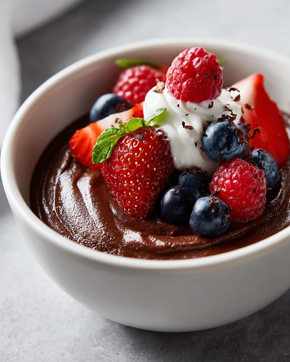 Bowl of easy chocolate desserts topped with whipped cream, strawberries, raspberries, blueberries, and chocolate shavings.