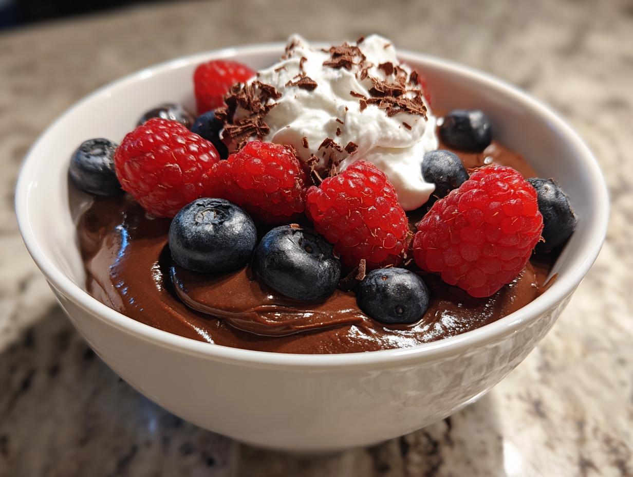 Bowl of easy chocolate desserts topped with raspberries, blueberries, whipped cream, and chocolate shavings.